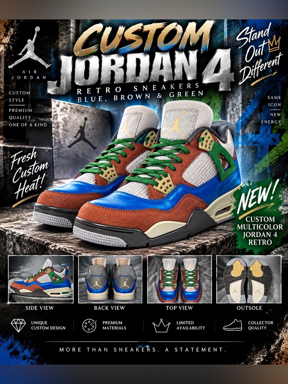 Custom Multicolor Jordan 4 Retro Sneakers - Blue, Brown & Green.🔥New! Size: 12us